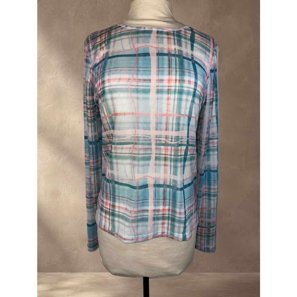 Anthropologie Sz M Long Sleeve Mesh Top NWT Sheer Plaid Turquoise Pink Stretch